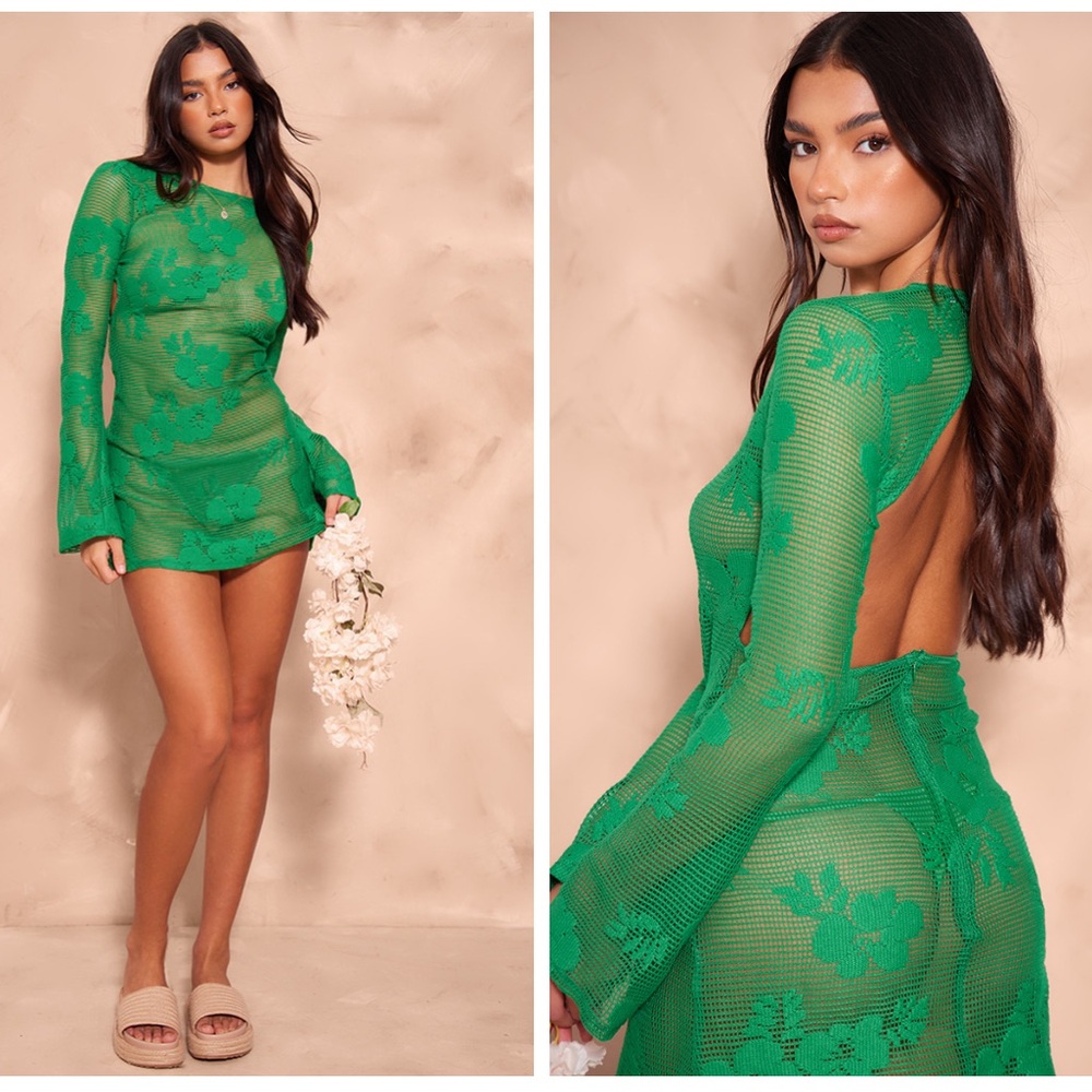 Green Textured Floral Cut Out Back Shift Dress